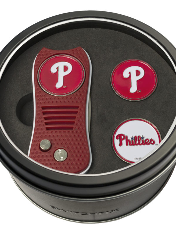 Team Golf MLB Philadelphia Phillies Tin Gift Set with Retractable Divot Tool and 2 Ball Markers Gift Set with 3 Magnetic Ball Markers, Patented Single Prong Design, Causes Less Damage to Greens