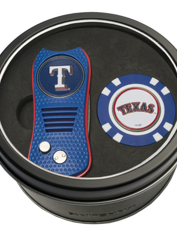 Team Golf MLB Texas Rangers Tin Gift Set with Retractable Divot Tool and Golf Chip Gift Set Retractable Divot Tool & Chip, Includes 2 Double-Sided Enamel Ball Markers, Patented Design, Less Damage to Greens, Retractable Mechanism
