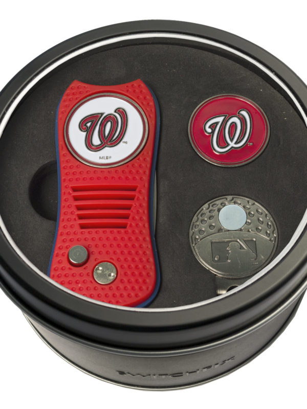 Team Golf MLB Washington Nationals Tin Ball Marker Gift Set with Retractable Divot Tool, Cap Clip and 2 Double-Sided Enamel Ball Markers, Patented Design, Less Damage to Greens