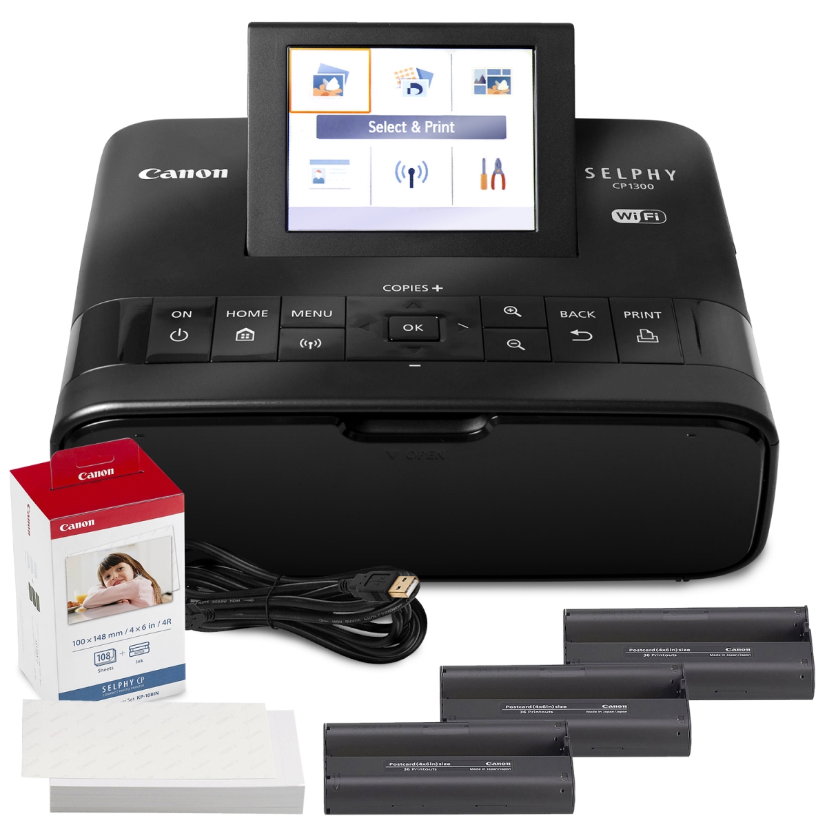 Picture of Canon CANON-CP1300-2234C001-KIT966-NFBA Selphy Compact Photo Printer with Wi-Fi & Canon Color Ink & Paper Set&#44; Black