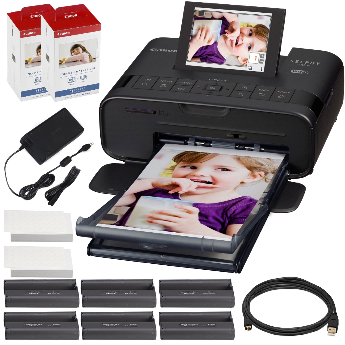 Picture of Canon CANON-CP1300-2234C001-2PK-KIT967-NFBA Selphy Compact Photo Printer with Wi-Fi & 2x Color Ink & Paper Set&#44; Black