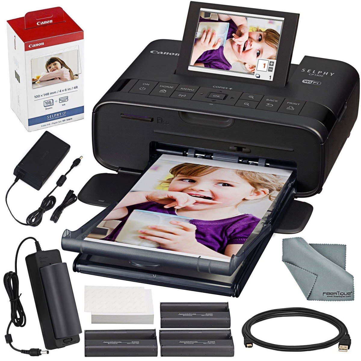 Picture of Canon CANON-CP1300-2234C001-BATT-KIT968 -NFBA Selphy Compact Photo Printer with Wi-Fi&#44; Color Ink & Paper Set & Battery&#44; Black