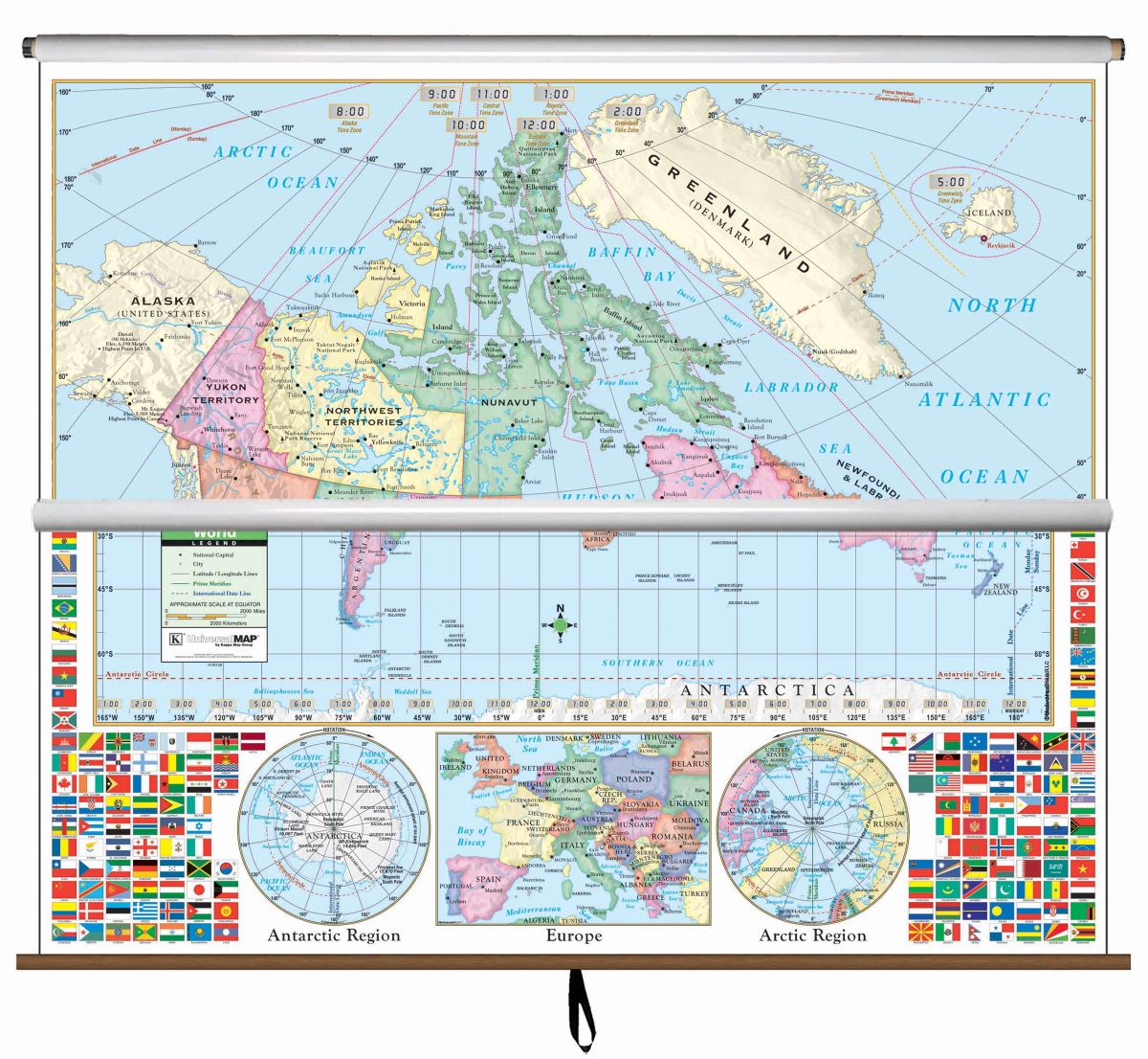 911100330001-63x54-SR2 63 x 54 in. Canada & World Primary Combo Classroom Wall Map - Spring Roller 2