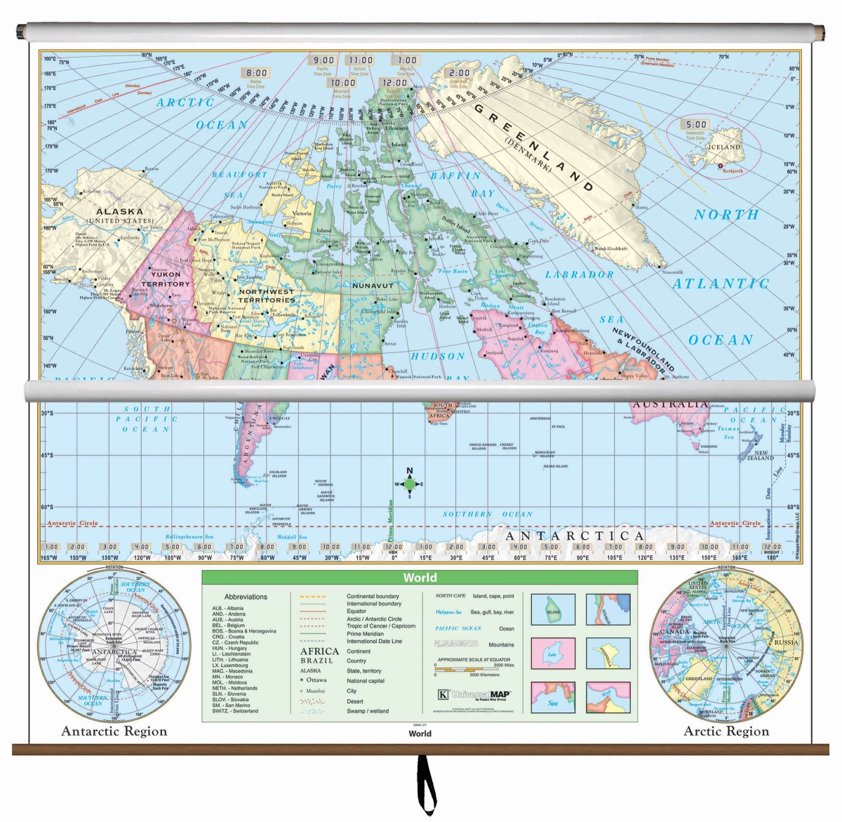 911100332001-63x54-SR2 63 x 54 in. Canada & World Essential Combo Classroom Wall Map - Spring Roller 2