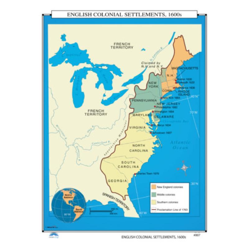 KA-HIST-007-springroller-sr No.007 English Colonial Settlements, 1600s Map, Laminated - Spring Roller - Published 2005 - 36 x 49.75 in.