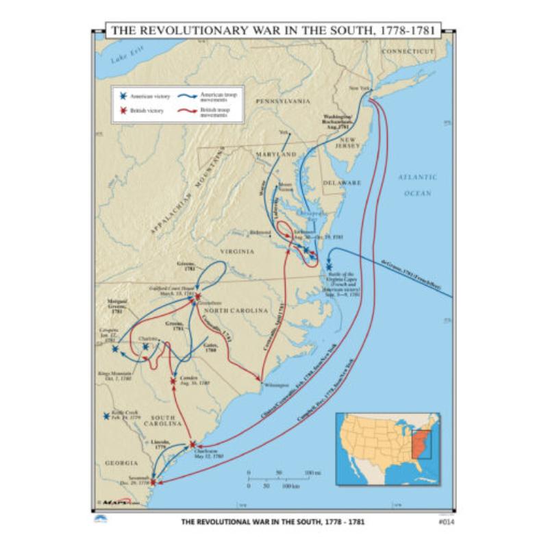 No.014 The Revolutionary War in the South, 1778-1781 Map, Laminated - Spring Roller - Published 2005 - 36 x 49.75 in.
