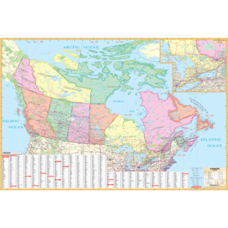KA-CANADA-WALL-74x50-lam-rails-walnut Canada Wall Map, Laminated with Rails - Walnut Molding - 74 x 50 in.
