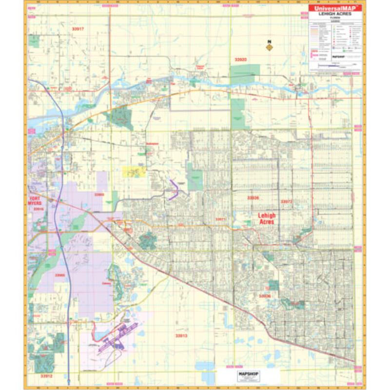 KA-C-FL-LEHIGHACRES-lam-rails-walnut Lehigh Acres, FL Wall Map, Laminated with Rails - Walnut Molding - 54 x 61 in.