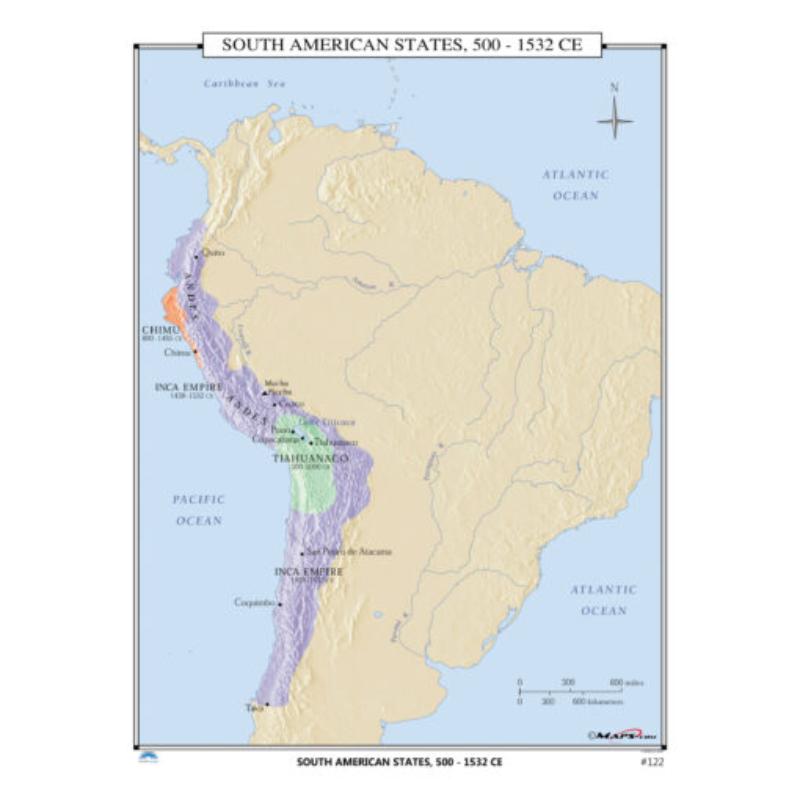 KA-HIST-122-springroller-sr No.122 South American States, 500-1532 CE Map, Laminated - Spring Roller - Published 2005 - 36 x 49.75 in.