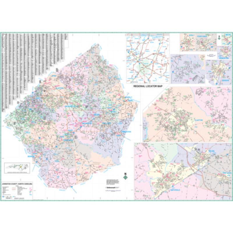 KA-C-NC-JOHNSTON-lam-rails-walnut Johnston County, NC Wall Map, Laminated with Rails - Walnut Molding - 74 x 54 in.