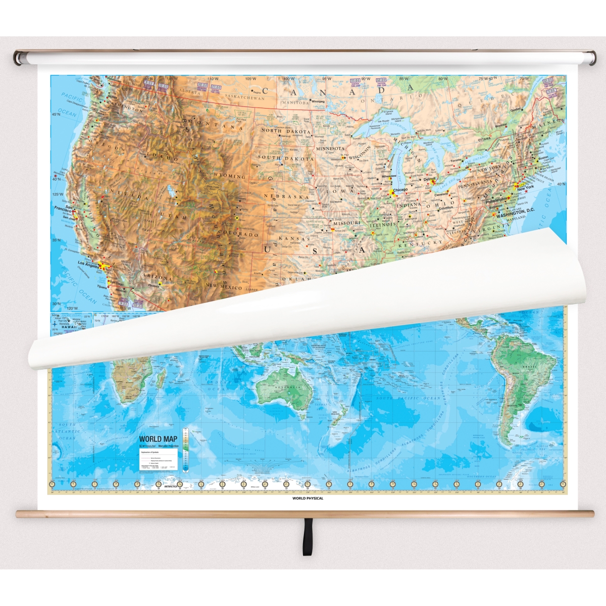 Picture of The Map Shop KA-COMBO-2-USW-ADV-PHYS-bb2 United States & World Advanced Physical Spring Roller Set with Backboard - 63 x 54 in. Full height