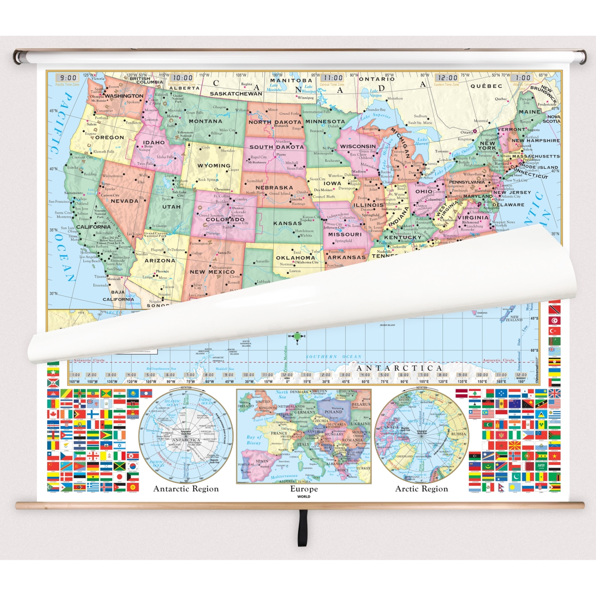 Picture of The Map Shop KA-COMBO-2-USW-PRMRY-bb2 United States & World Primary Spring Roller Set with Backboard - 63 x 54 in. Full height