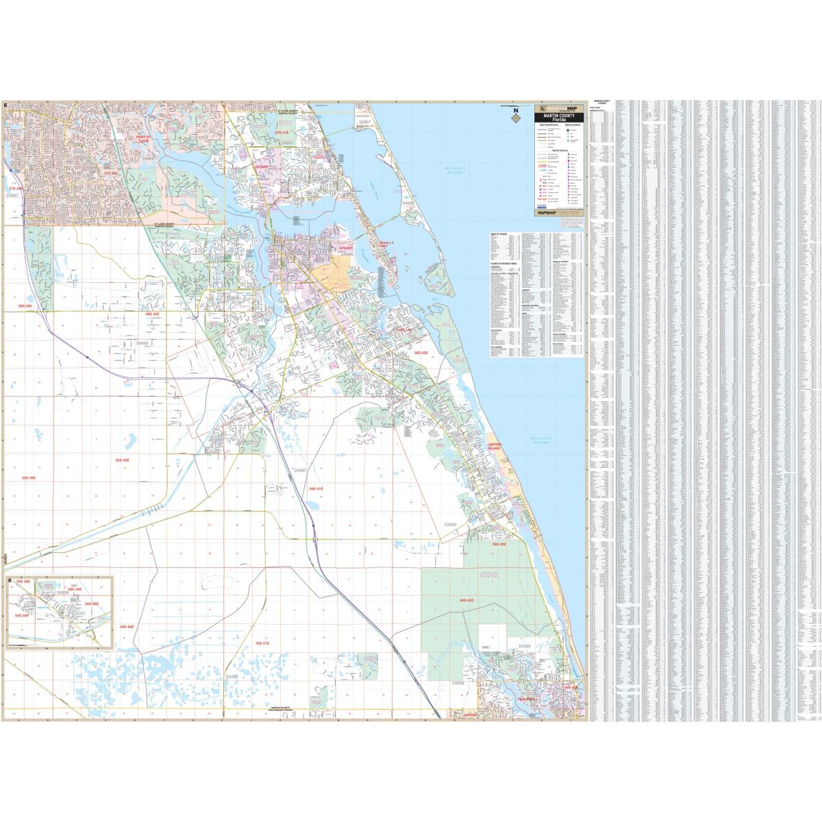 KA-C-FL-STUART-lam-rails-black Stuart & Foam Core with Rails County, FL Wall Map, Laminated with Rails - Black Molding - 73 x 56 in.
