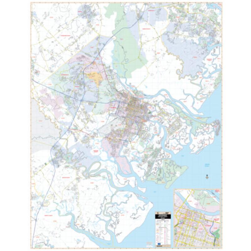 KA-C-GA-SAVANNAH-lam-rails-black Savannah & Chatham County, GA Wall Map, Laminated with Rails - Black Molding - 57 x 72.5 in.