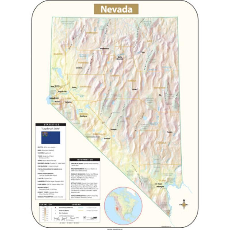 KA-S-NV-SHR-42x57-lam-rails-walnut Nevada Shaded Relief State Wall Map, Laminated with Rails - Walnut Molding - 42 x 57 in.