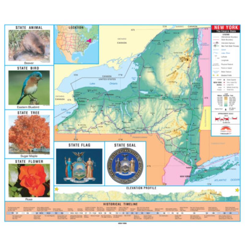 KA-S-NY-PRMRY-lam-rails-walnut York Primary Thematic State Wall Map, Laminated with Rails - Walnut Molding - 64 x 54 in.