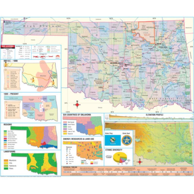 KA-S-OK-INTER-lam-rails-walnut Oklahoma Intermediate Thematic State Wall Map, Laminated with Rails - Walnut Molding - 64 x 54 in.
