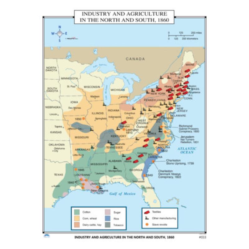 No.033 Industry & Agriculture in the North & South, 1860 Map, Laminated - Spring Roller - Published 2005 - 36 x 49.75 in.