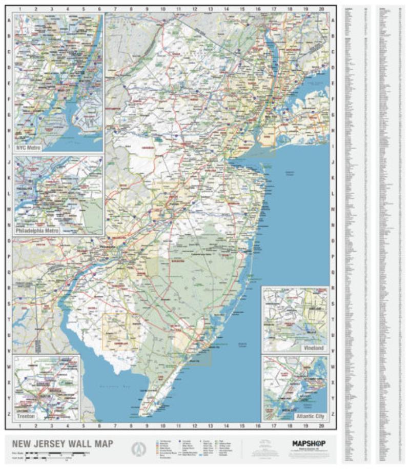 KA-S-NJ-WALL-lam-rails-walnut Jersey State Wall Map, Laminated with Rails - Walnut Molding - Published 2021 - 41.5 x 69.25 in.