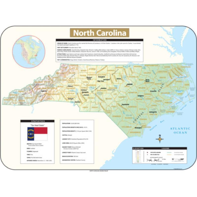 KA-S-NC-SHR-63x47-springroller-sr North Carolina Shaded Relief State Wall Map, Laminated - Spring Roller - Published 2016 - 63 x 47.5 in.