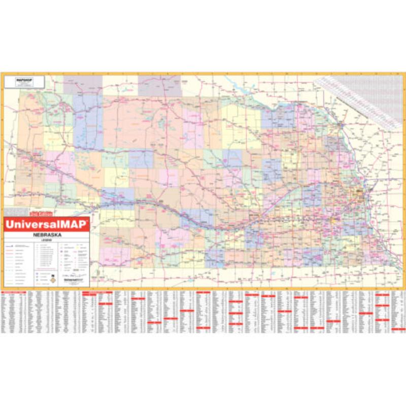 KA-S-NE-WALL-lam-rails-walnut Nebraska State Wall Map, Laminated with Rails - Walnut Molding - 62 x 42 in.