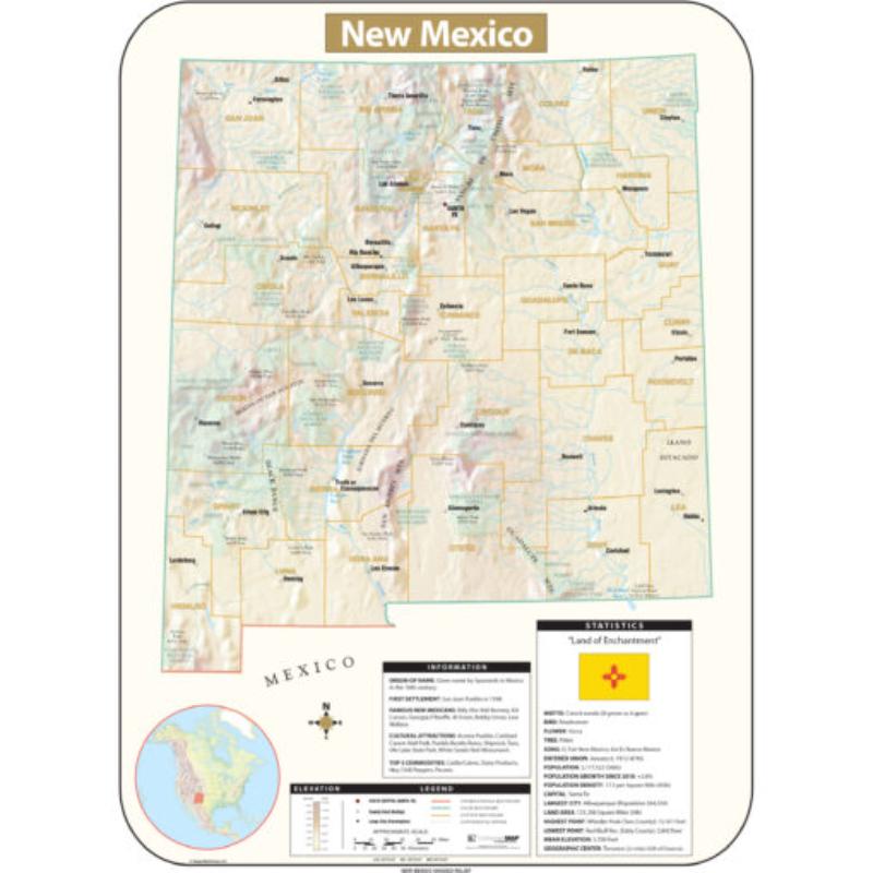 KA-S-NM-SHR-42x57-lam-rails-walnut Mexico Shaded Relief State Wall Map, Laminated with Rails - Walnut Molding - 42 x 57 in.