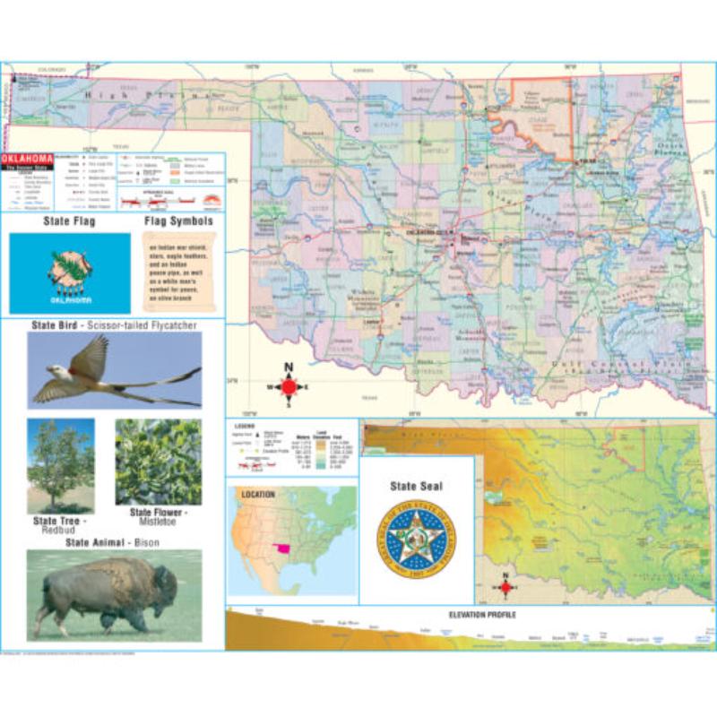 KA-S-OK-PRMRY-lam-rails-walnut Oklahoma Primary Thematic State Wall Map, Laminated with Rails - Walnut Molding - 64 x 54 in.