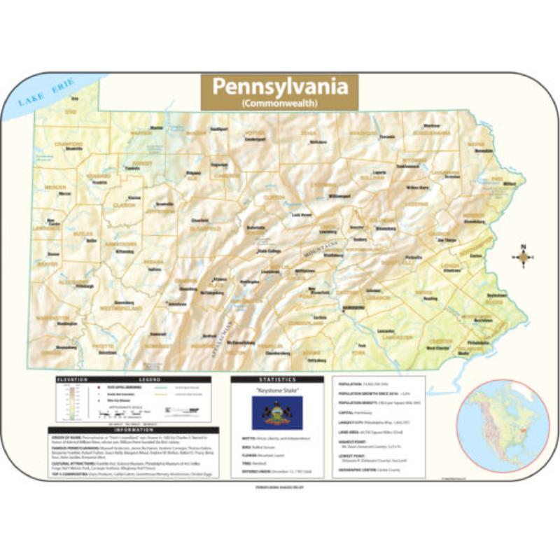KA-S-PA-SHR-63x47-springroller-sr Pennsylvania Shaded Relief State Wall Map, Laminated - Spring Roller - Published 2016 - 63 x 47.5 in.