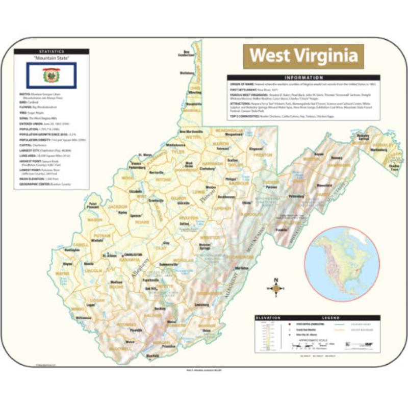KA-S-WV-SHR-50x42-lam-rails-walnut West Virginia Shaded Relief State Wall Map, Laminated with Rails - Walnut Molding - 50.5 x 42 in.