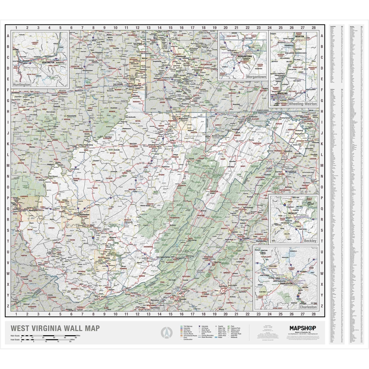 KA-S-WV-WALL-springroller-sr West Virginia State Wall Map, Laminated - Spring Roller - Published 2022 - 58 x 52 in.