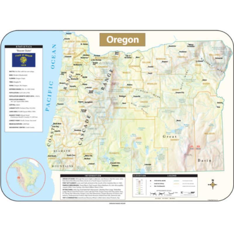 KA-S-OR-SHR-63x47-springroller-sr Oregon Shaded Relief State Wall Map, Laminated - Spring Roller - Published 2016 - 63 x 47.5 in.