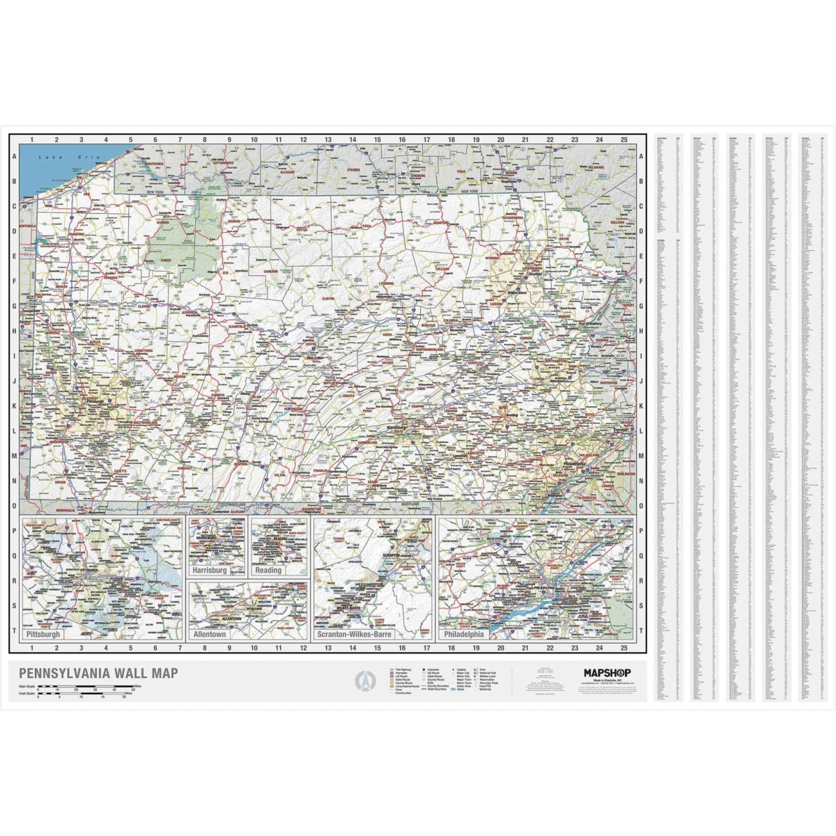 KA-S-PA-WALL-lam-rails-walnut Pennsylvania State Wall Map, Laminated with Rails - Walnut Molding - Published 2022 - 64 x 53 in.