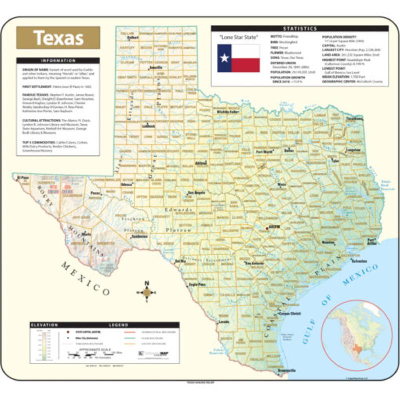 KA-S-TX-SHR-45x42-springroller-sr Texas Shaded Relief State Wall Map, Laminated - Spring Roller - Published 2016 - 45.75 x 42 in.