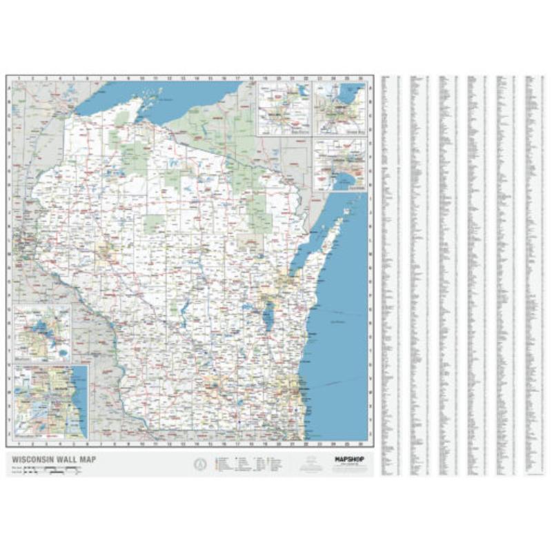 KA-S-WI-WALL-lam-rails-black Wisconsin State Wall Map, Laminated with Rails - Black Molding - Published 2023 - 50 x 66 in.