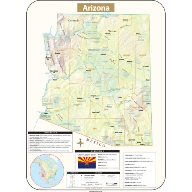 KA-S-AZ-SHR-54x73-springroller-sr Arizona Shaded Relief State Wall Map, Laminated - Spring Roller - Published 2016 - 54 x 73 in.