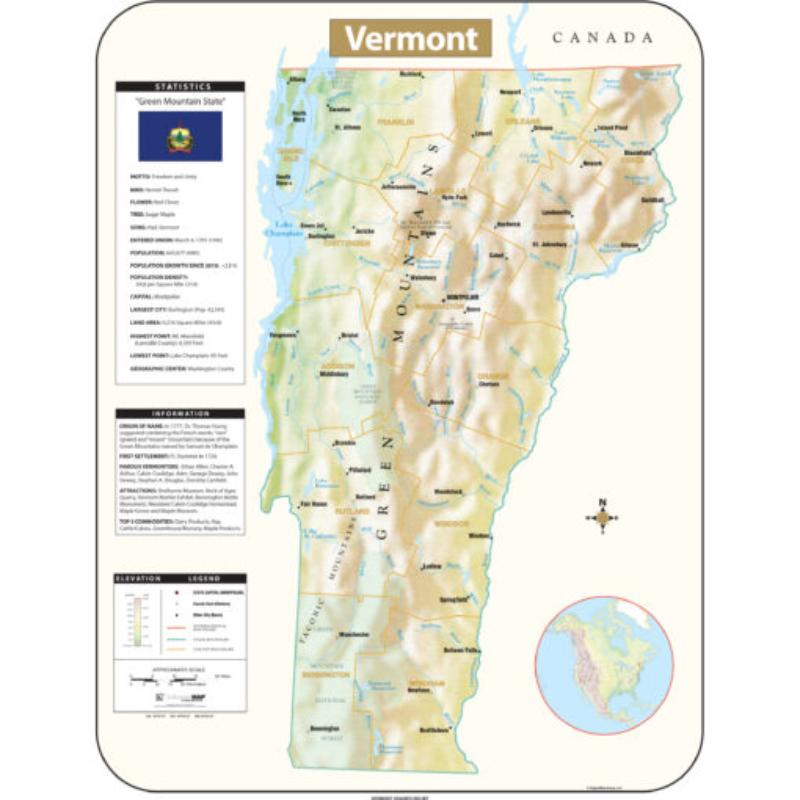 KA-S-VT-SHR-42x54-lam-rails-black Vermont Shaded Relief State Wall Map, Laminated with Rails - Black Molding - 42 x 54.5 in.