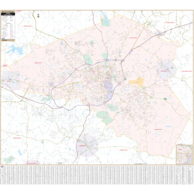 KA-C-GA-ATHENS-lam-rails-black Athens, GA Wall Map, Laminated with Rails - Black Molding - 63 x 57 in.