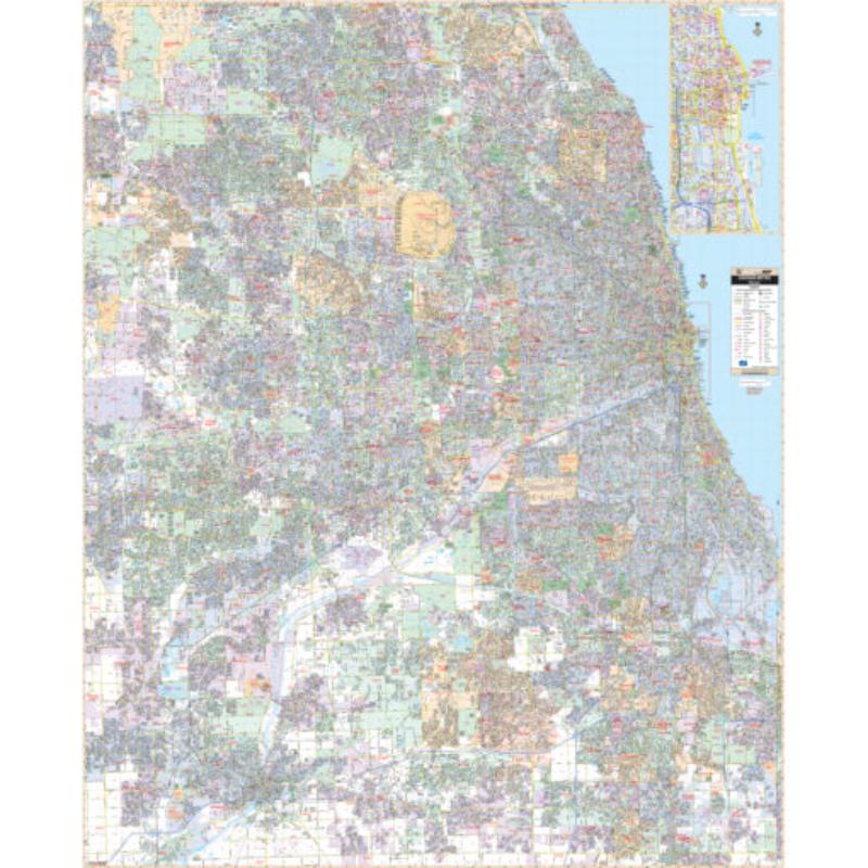 KA-C-IL-CHICAGO-lam-rails-black Chicago, IL Metro Area Wall Map, Laminated with Rails - Black Molding - 65.5 x 80.5 in.