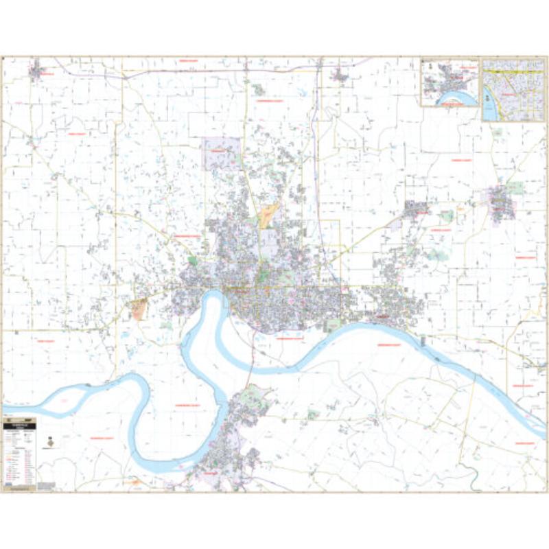KA-C-IN-EVANSVILLE-lam-rails-black Evansville, IN Wall Map, Laminated with Rails - Black Molding - 73.5 x 59 in.