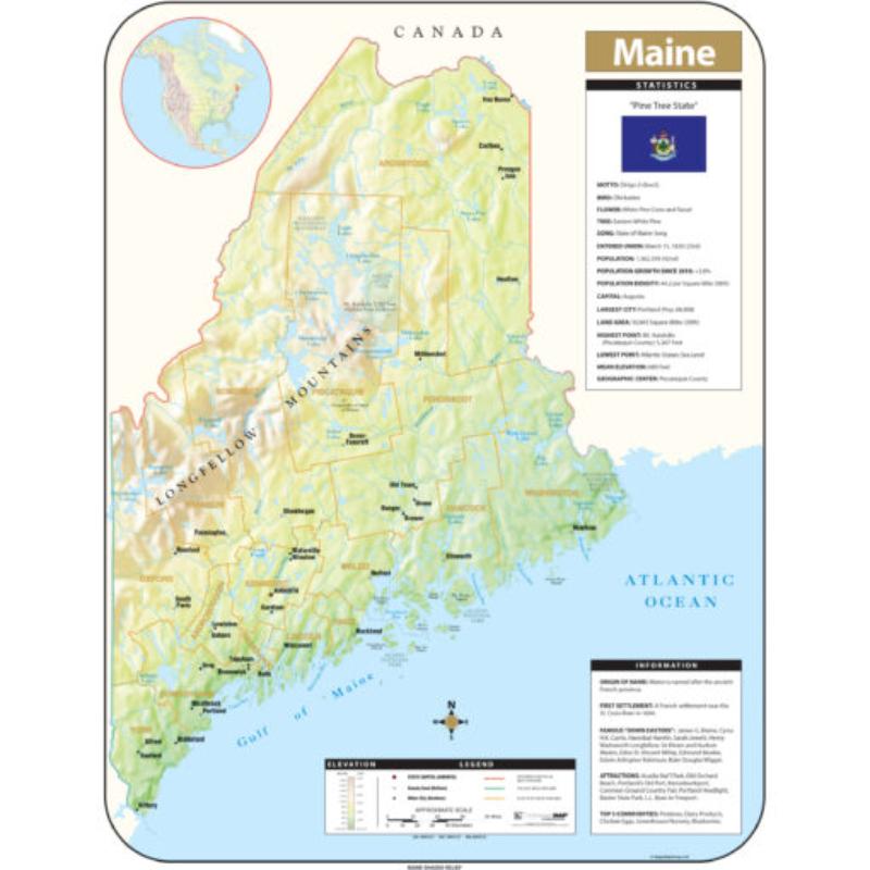 KA-S-ME-SHR-42x54-lam-rails-walnut Maine Shaded Relief State Wall Map, Laminated with Rails - Walnut Molding - 42 x 54.5 in.