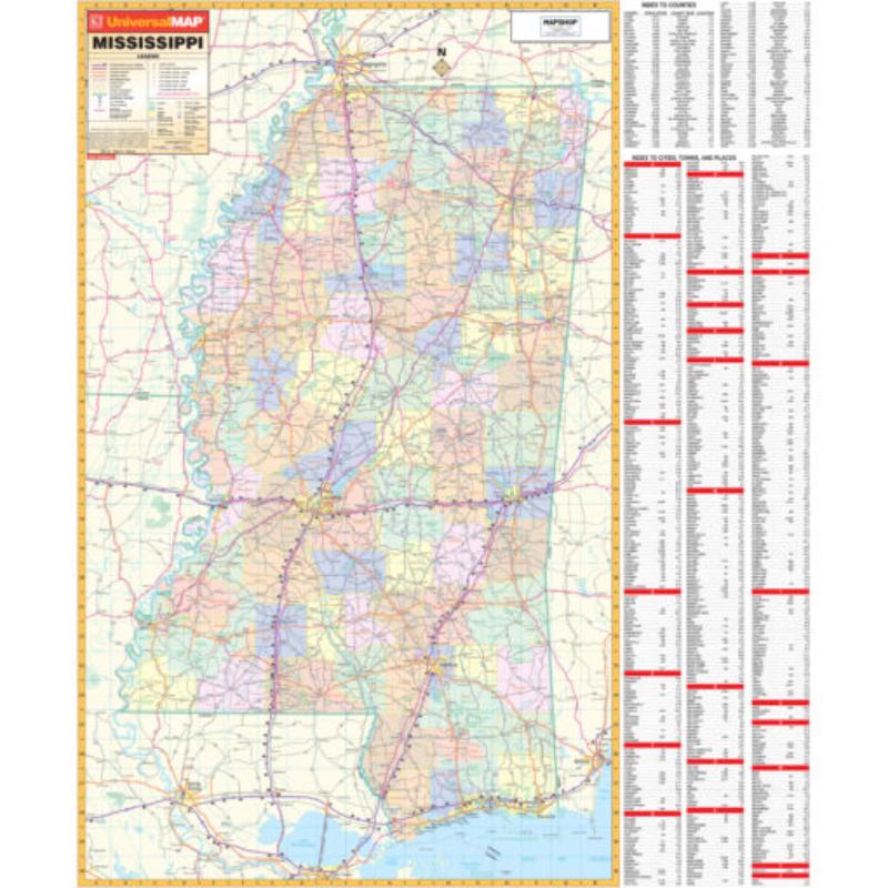 KA-S-MS-WALL-lam-rails-walnut Misssissippi State Wall Map, Laminated with Rails - Walnut Molding - 50 x 60 in.