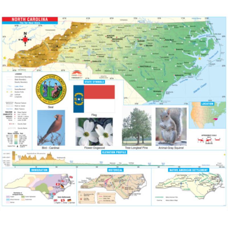 KA-S-NC-PRMRY-lam-rails-walnut North Carolina Primary Thematic State Wall Map, Laminated with Rails - Walnut Molding - 63 x 54 in.