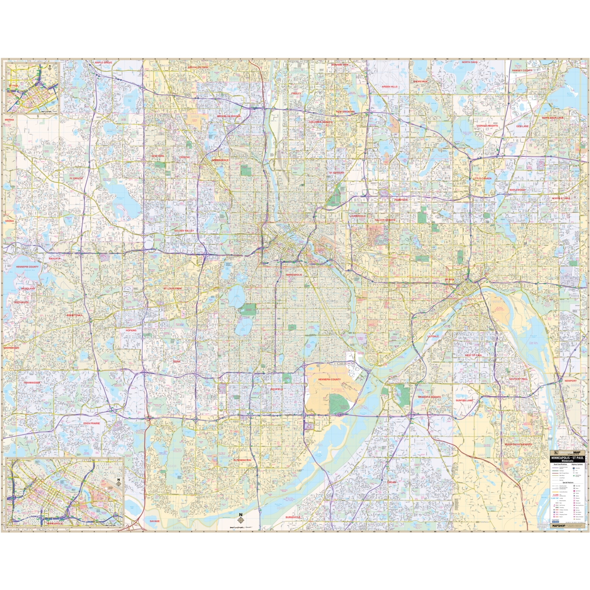 KA-C-MN-TWINCITIES-lam-rails-black Minneapolis & St Paul, MN Wall Map, Laminated with Rails - Black Molding - 70.25 x 57 in.
