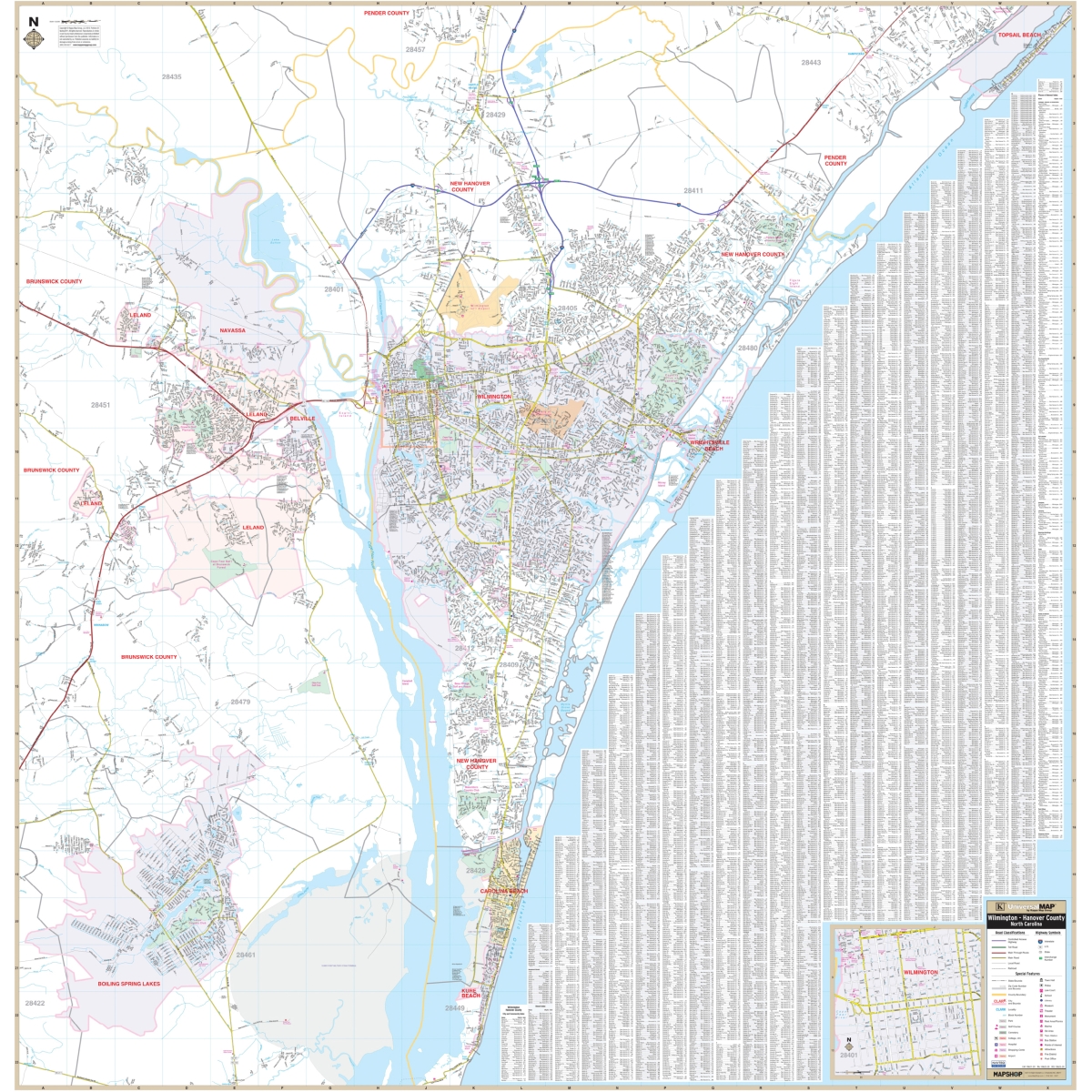 KA-C-NC-WILMINGTON-springroller-sr Wilmington & Hanover County, NC Wall Map - 57 x 58 in.