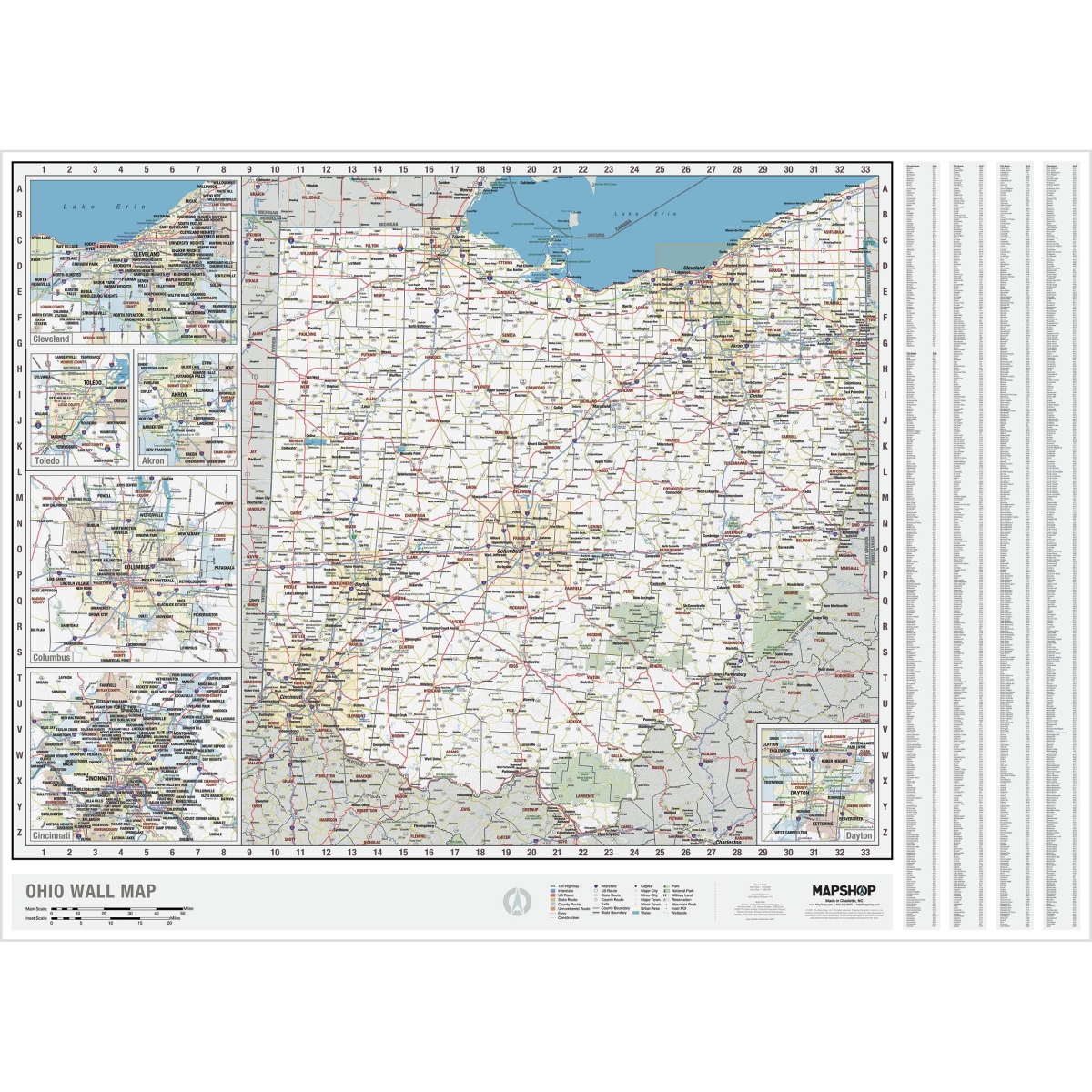 KA-S-OH-WALL-springroller-sr Ohio State Wall Map, Laminated - Spring Roller - Published 2022 - 54 x 60 in.
