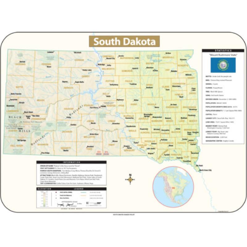 KA-S-SD-SHR-63x47-springroller-sr South Dakota Shaded Relief State Wall Map, Laminated - Spring Roller - Published 2016 - 63 x 47.5 in.