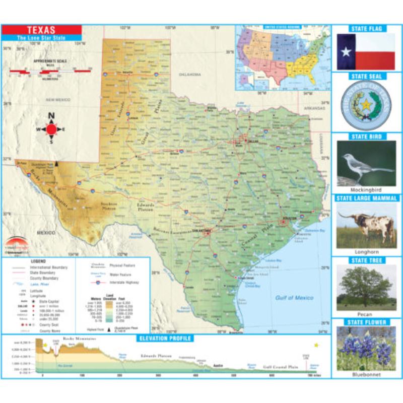 KA-S-TX-PRMRY-lam-rails-black Texas Primary Thematic State Wall Map, Laminated with Rails - Black Molding - 64 x 54 in.