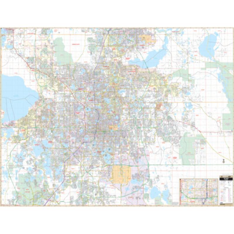 KA-C-FL-ORLANDO-lam-rails-walnut Orlando, FL Wall Map, Laminated with Rails - Walnut Molding - 70 x 54 in.