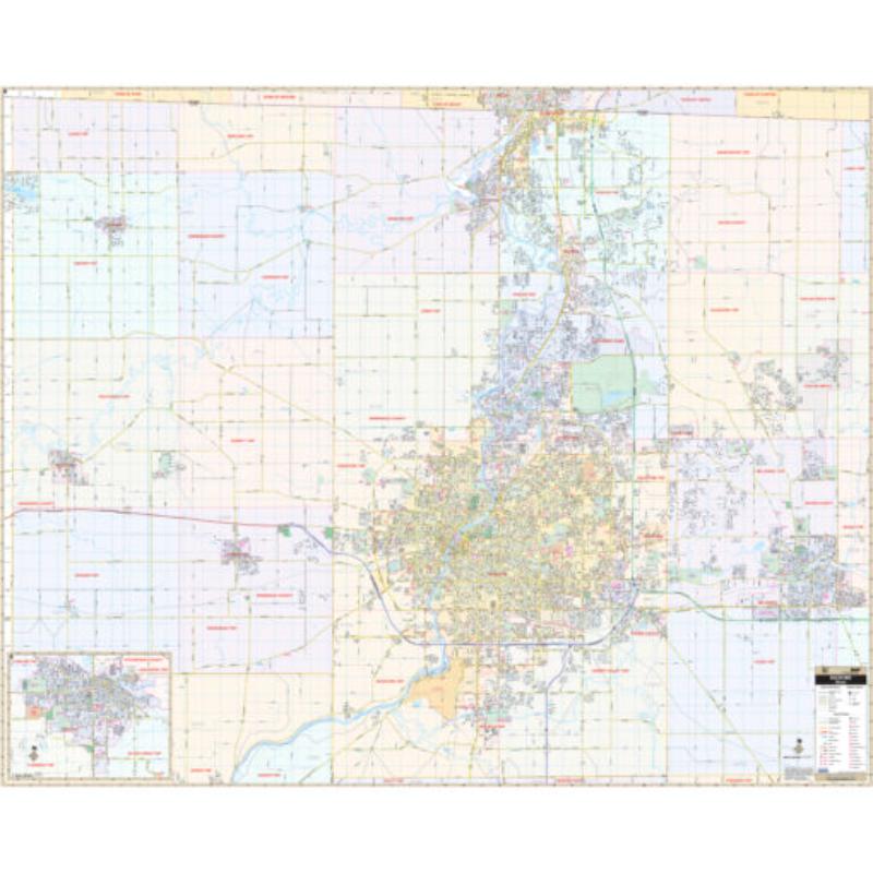KA-C-IL-ROCKFORD-lam-rails-walnut Rockford, IL Wall Map, Laminated with Rails - Walnut Molding - 70.5 x 57 in.