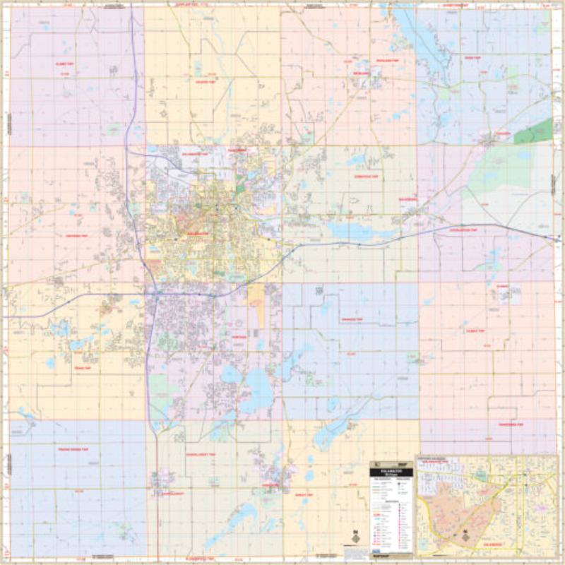 KA-C-MI-KALAMAZOO-springroller-sr Kalamazoo County, MI Wall Map, Laminated - Spring Roller - Published 2014 - 57 x 57 in.